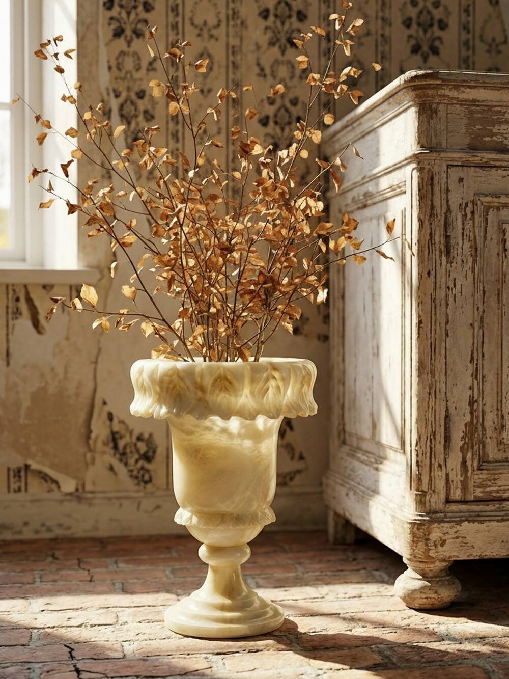 Large medical pot in alabaster/yellowish marble, Belle Époque style.