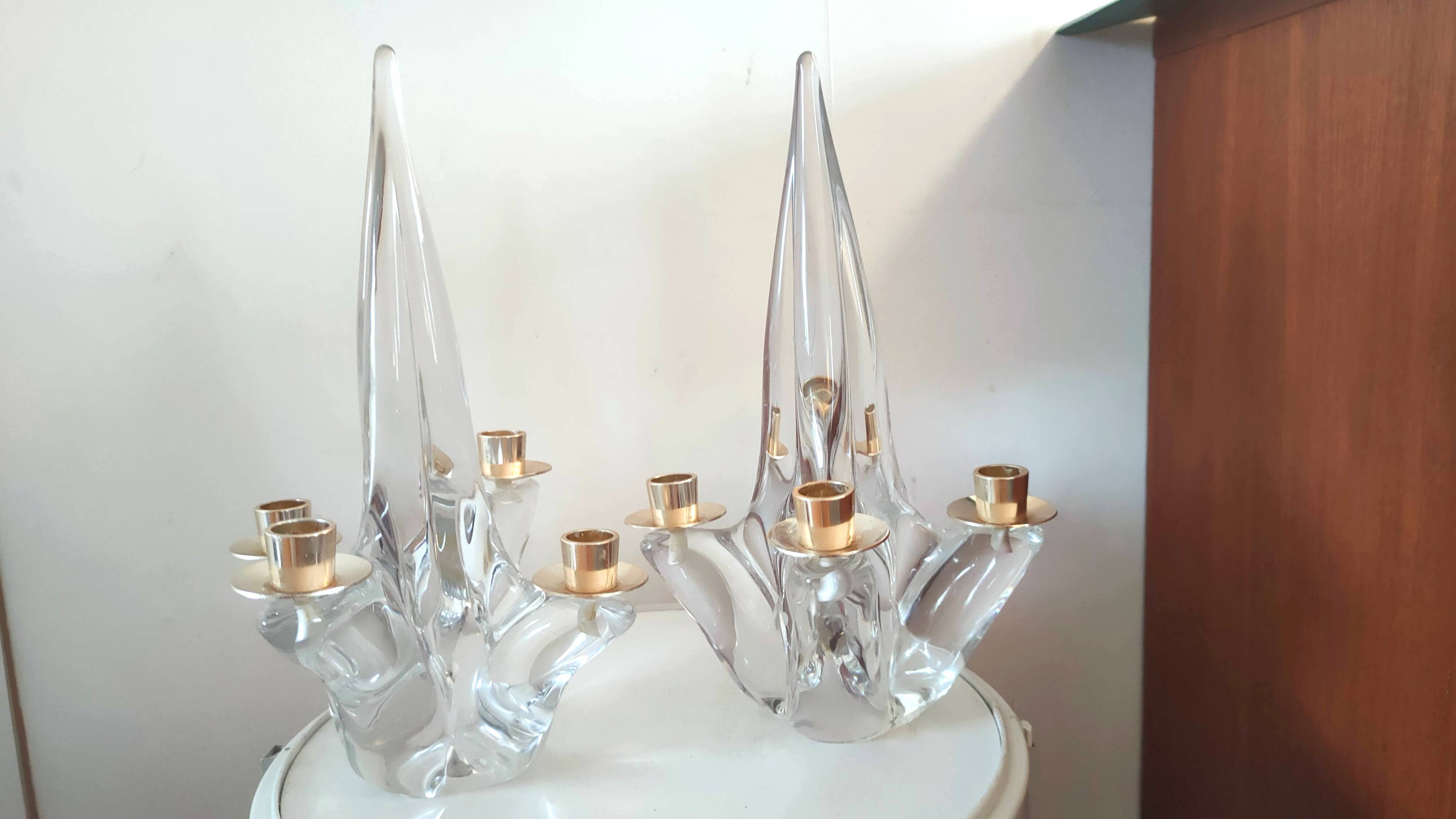 Pair of vintage Schneider crystal and brass candlesticks