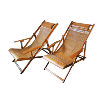 Pair of japanese bamboo steamer deck chairs early 20th century