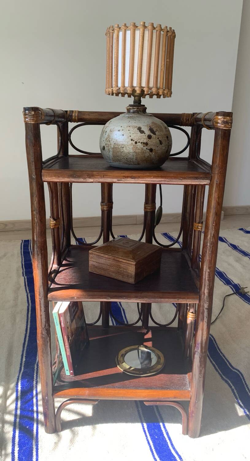 Vintage wooden and rattan side table