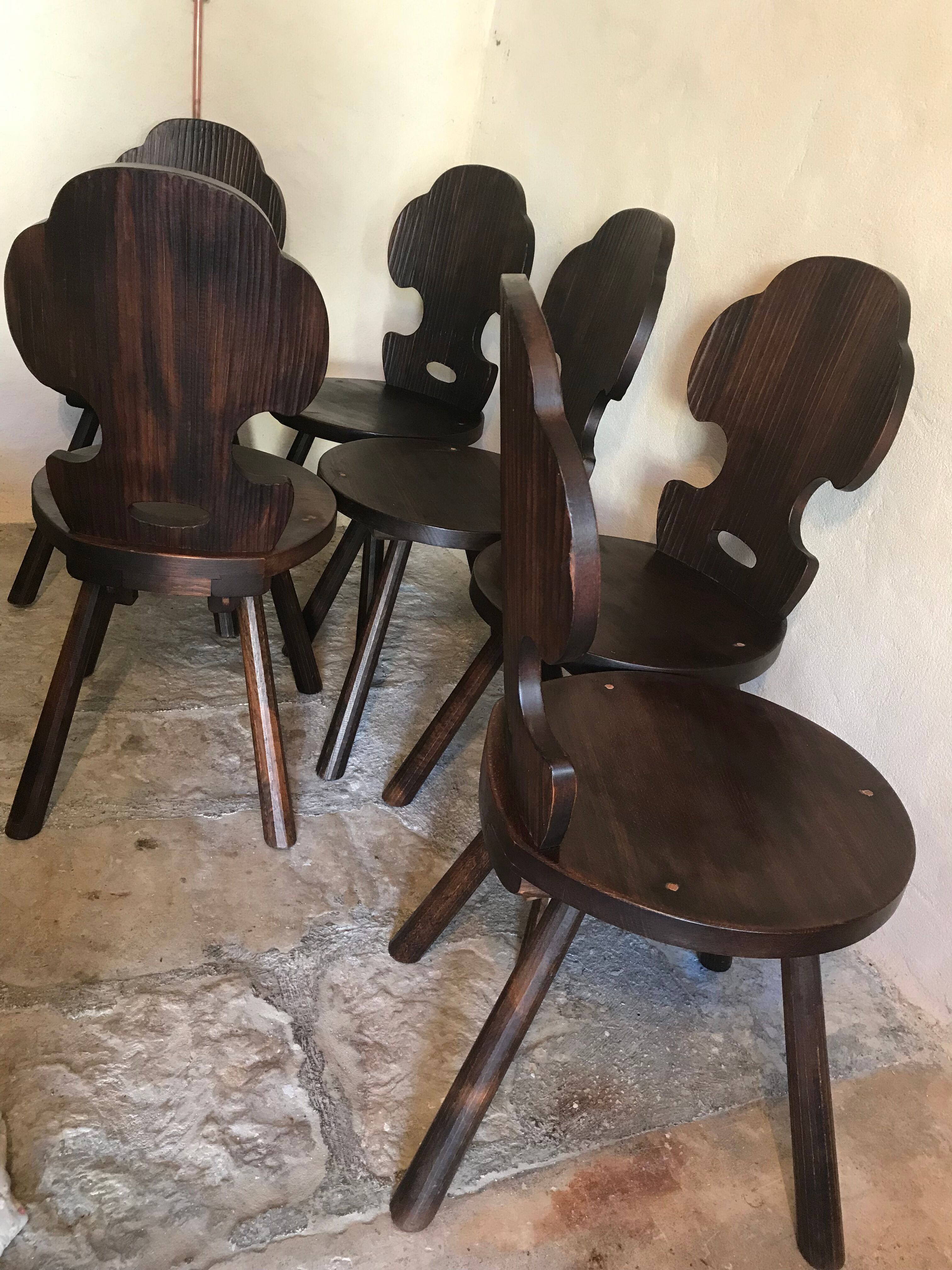 Set of 6 vintage brutalist solid wood chairs