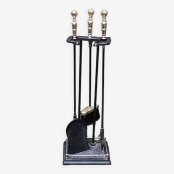 Old Wrought Iron & Brass Fireplace Servant - 3 Tools