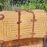 Early 20th century woven rattan straw suitcase