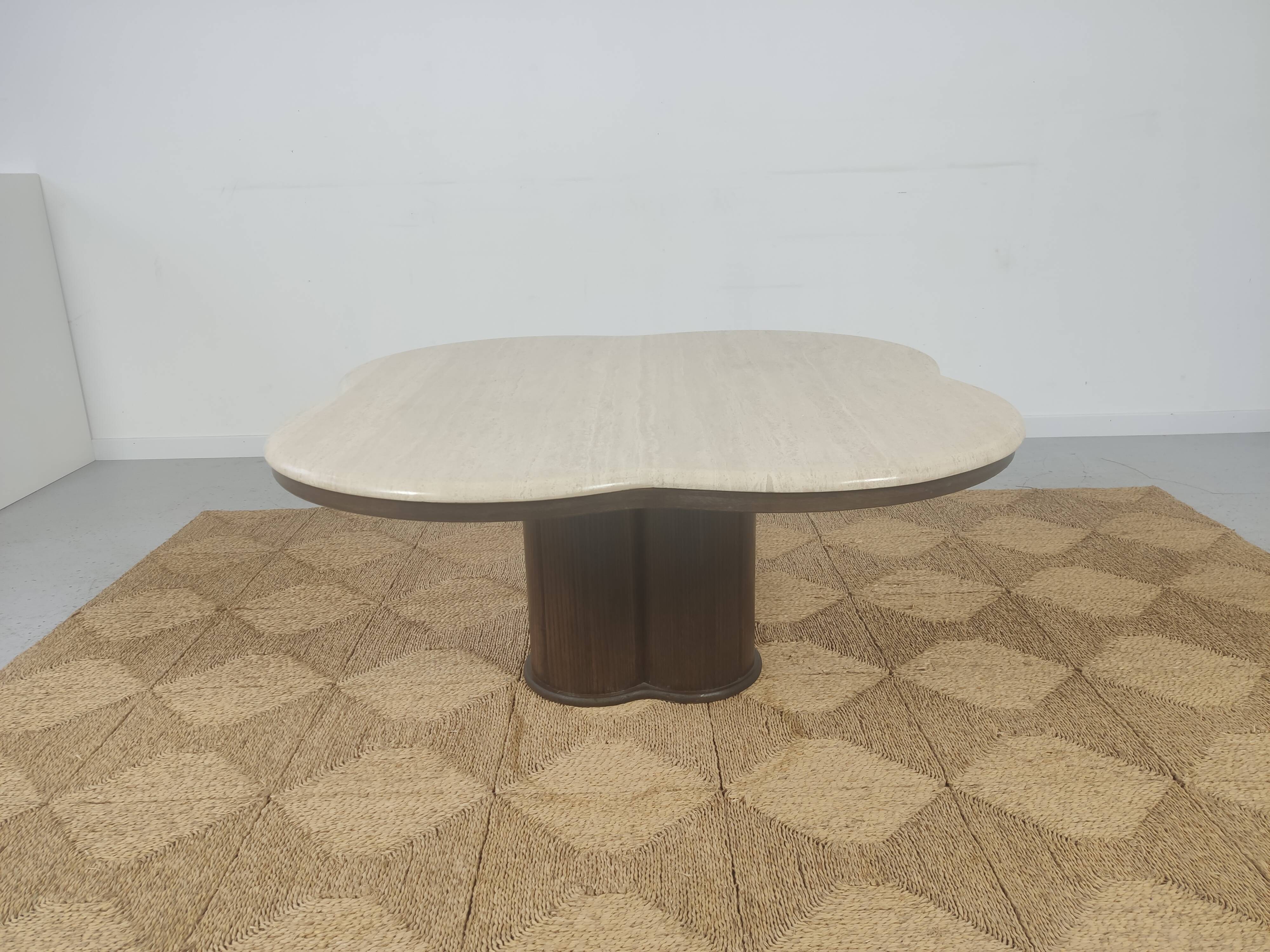 Coffee table in travertine and wood 80s