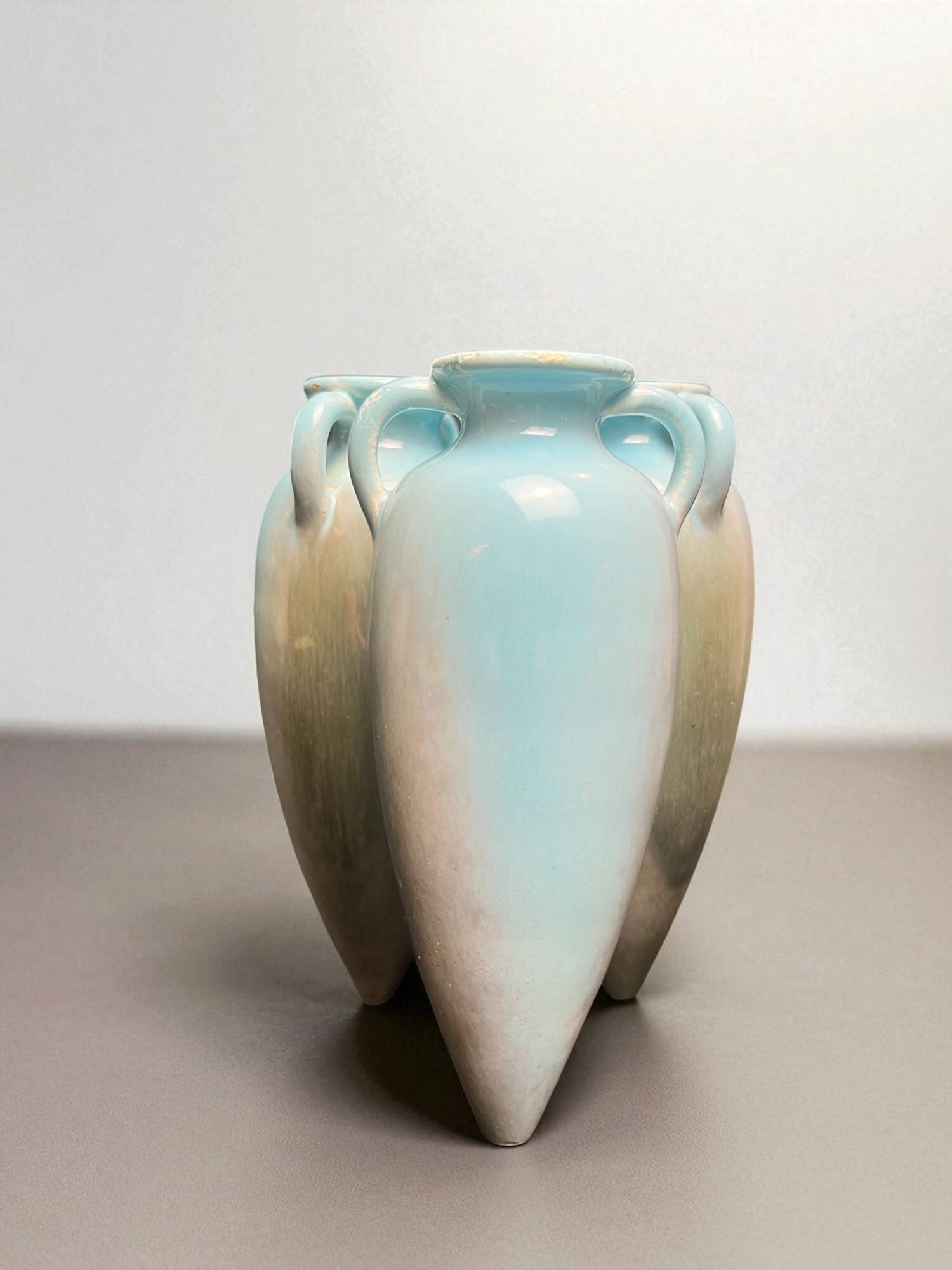 Art Nouveau, small triple amphora vase, glazed earthenware, Massier, circa 1900