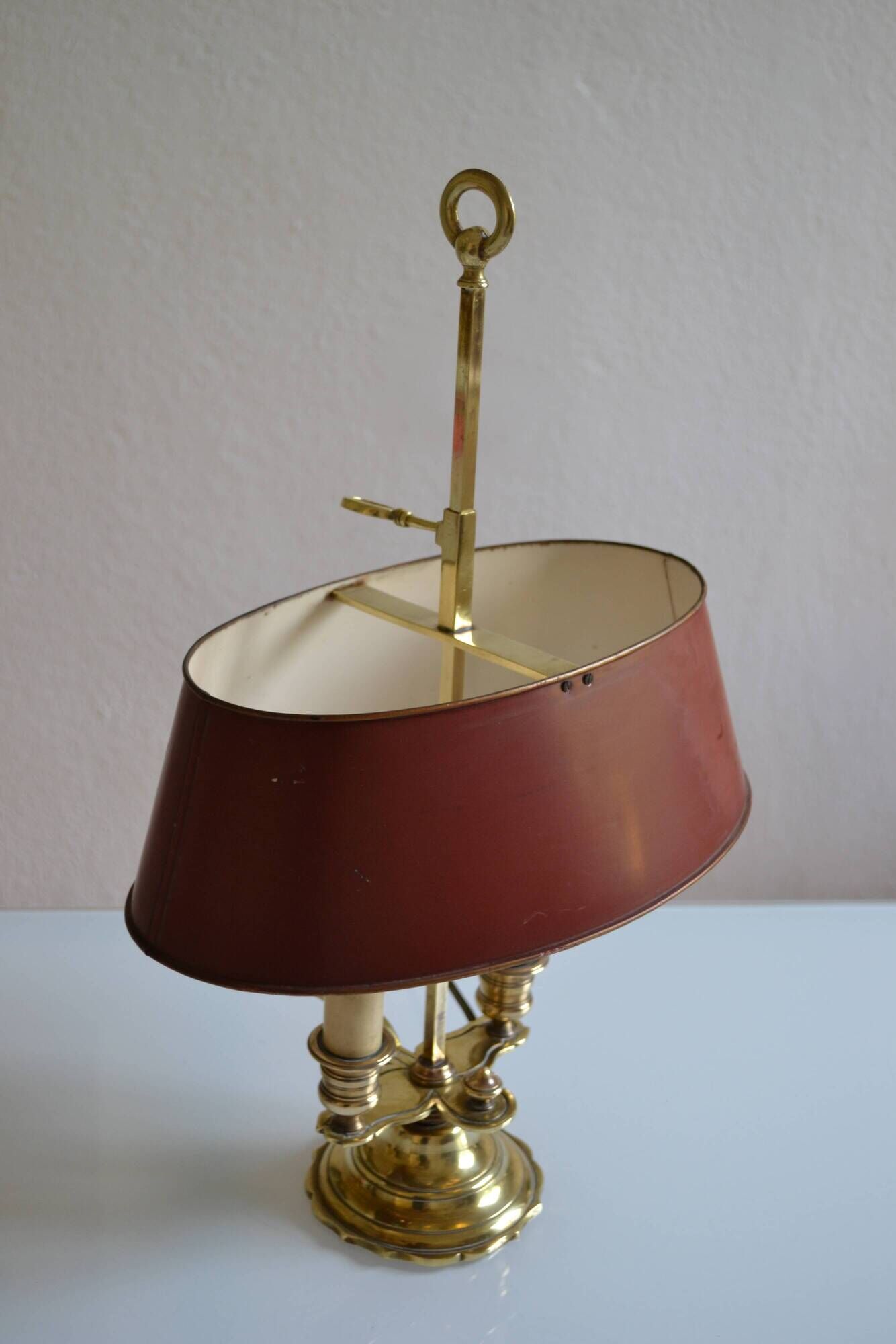 hot water bottle lamp with 2 bronze lights and burgundy sheet metal lampshade