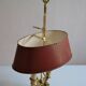 hot water bottle lamp with 2 bronze lights and burgundy sheet metal lampshade