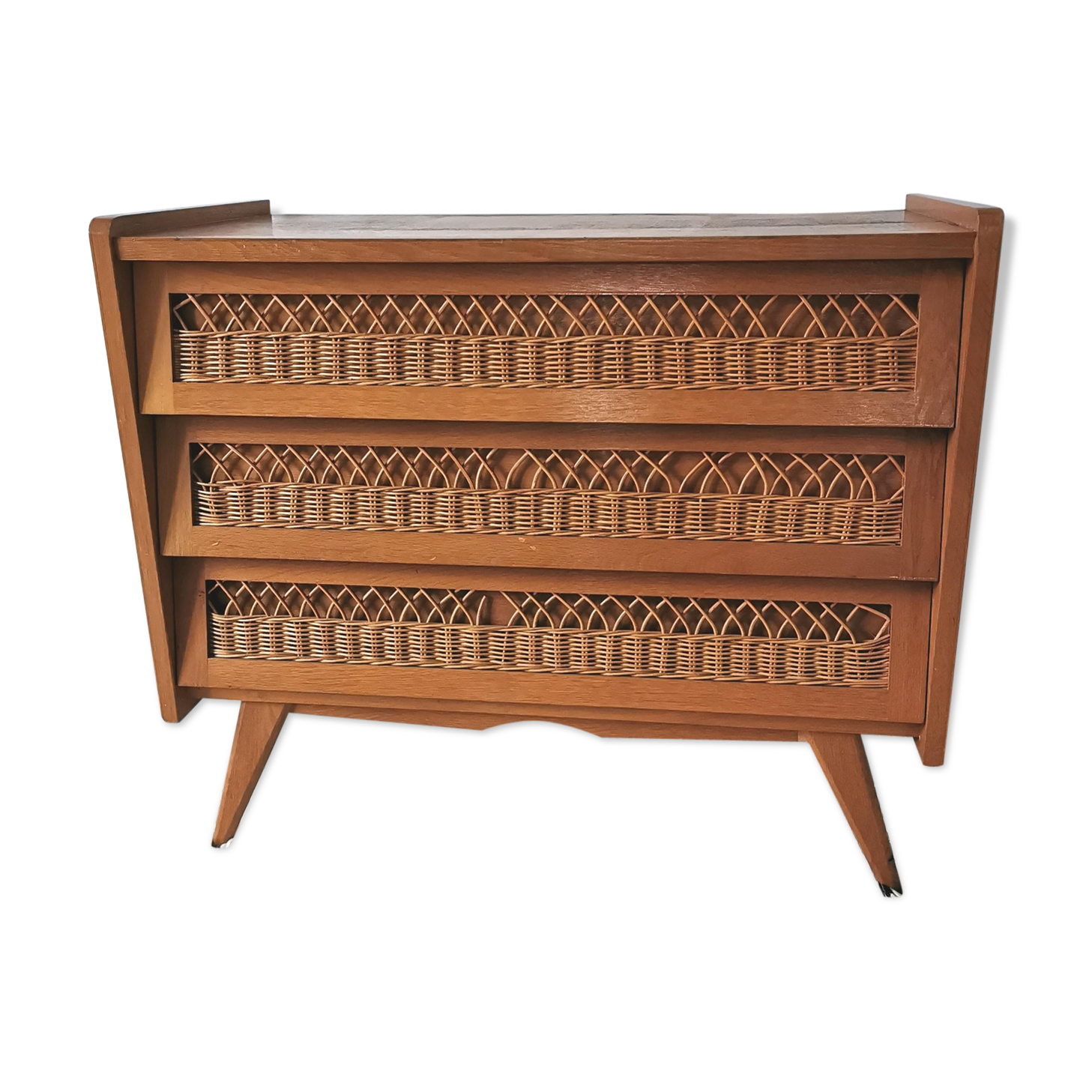 Commode pieds compas en rotin et bois
