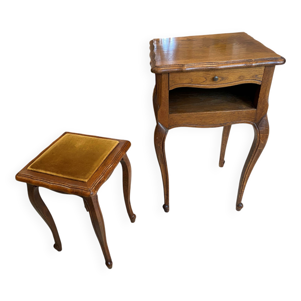 Guéridon ensemble gueridon et tabouret de style Louis XV en chêne massif