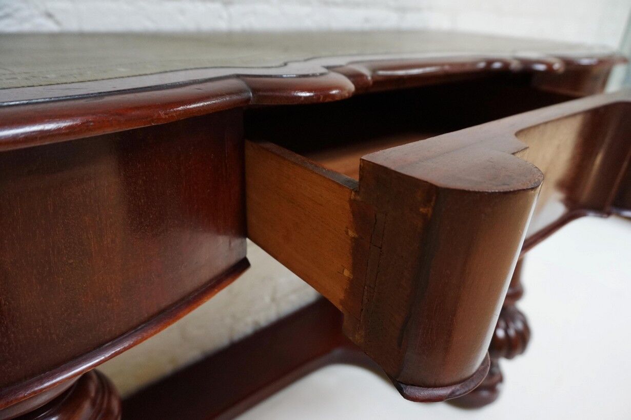 Biedermeier mahogany wall console table or desk with leather inlay top and drawer