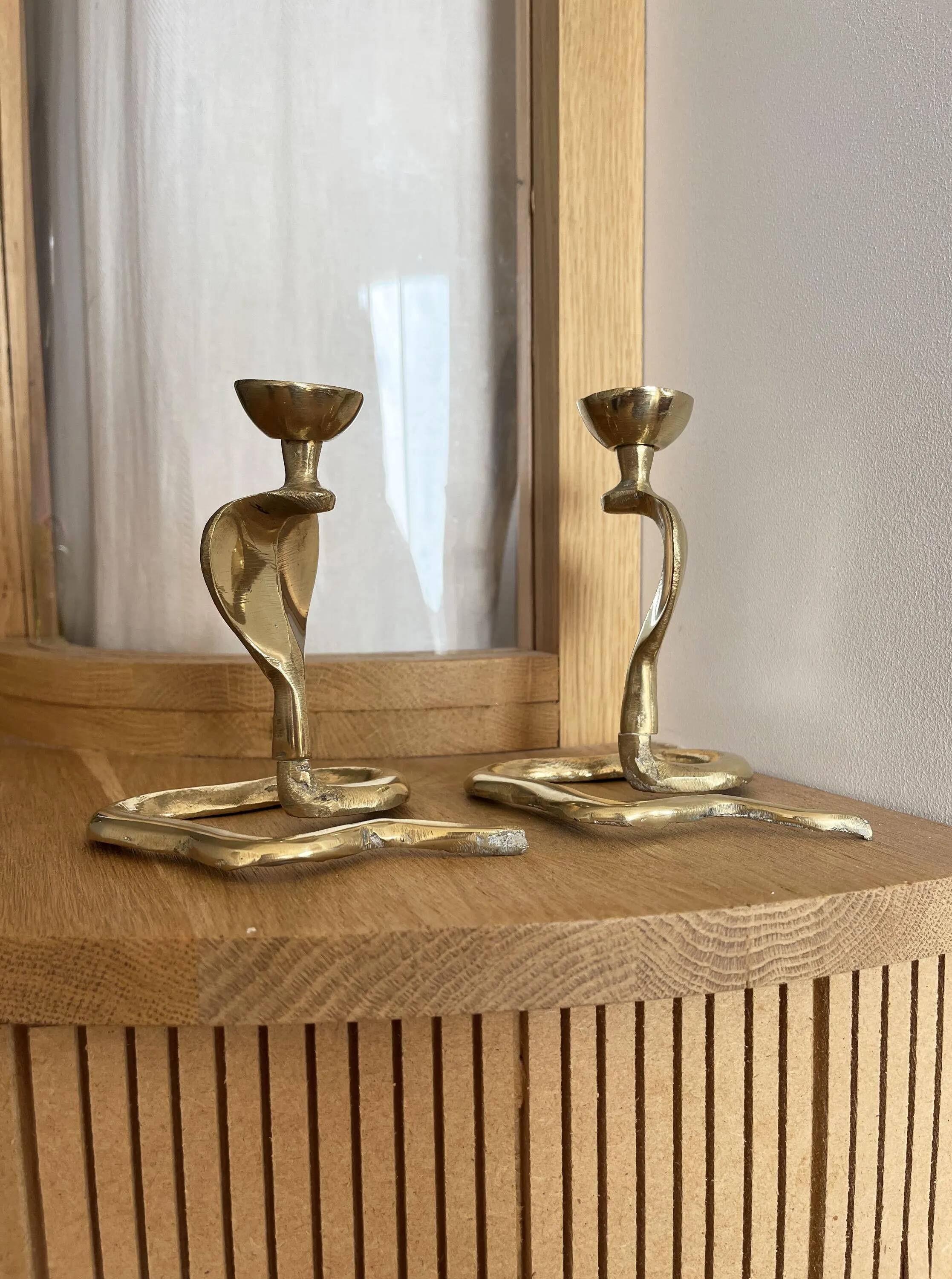 Pair of vintage brass snake candlesticks