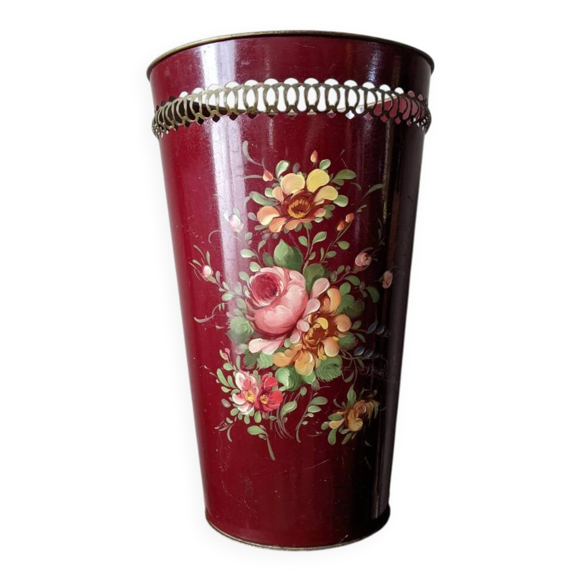 Antique metal umbrella stand with hand-painted floral decor, bohemian countryside