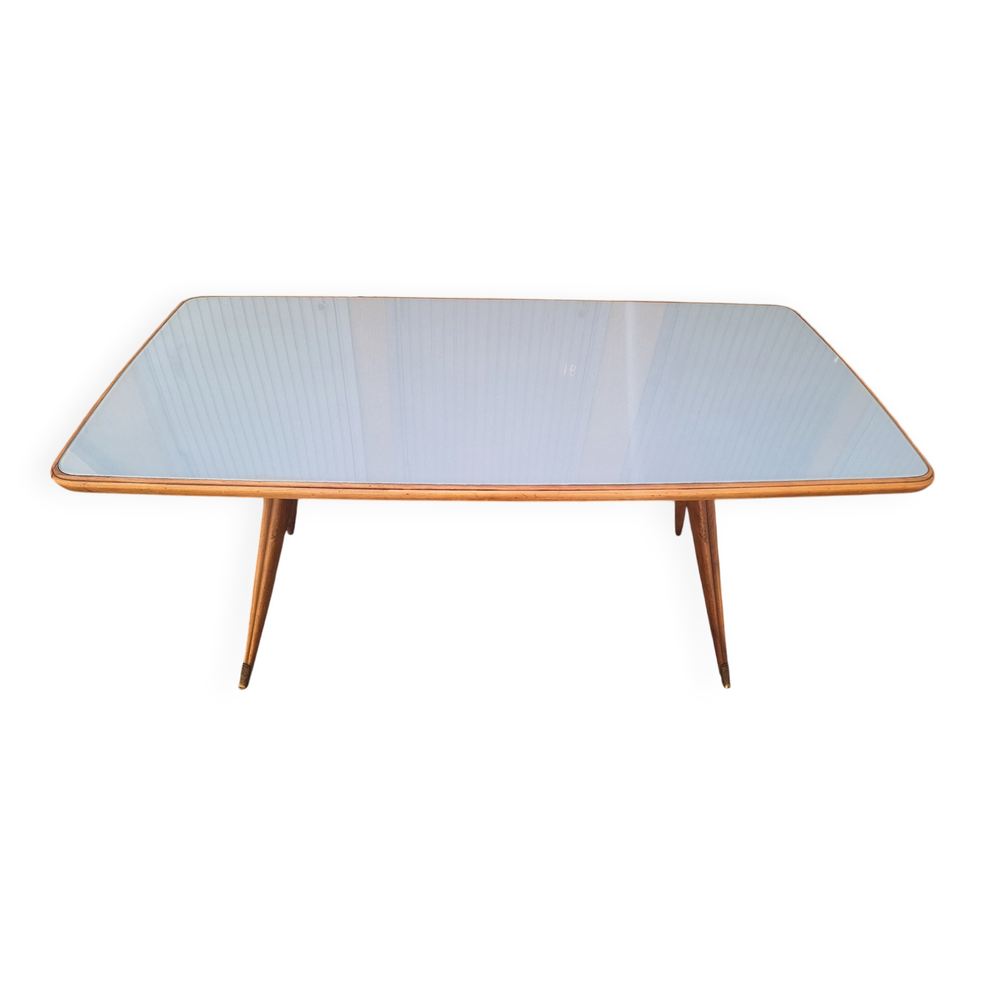Dining Table Wooden Base, Brass Finishes, Wooden and Blue Glass Top, 1950s