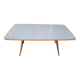 Dining Table Wooden Base, Brass Finishes, Wooden and Blue Glass Top, 1950s