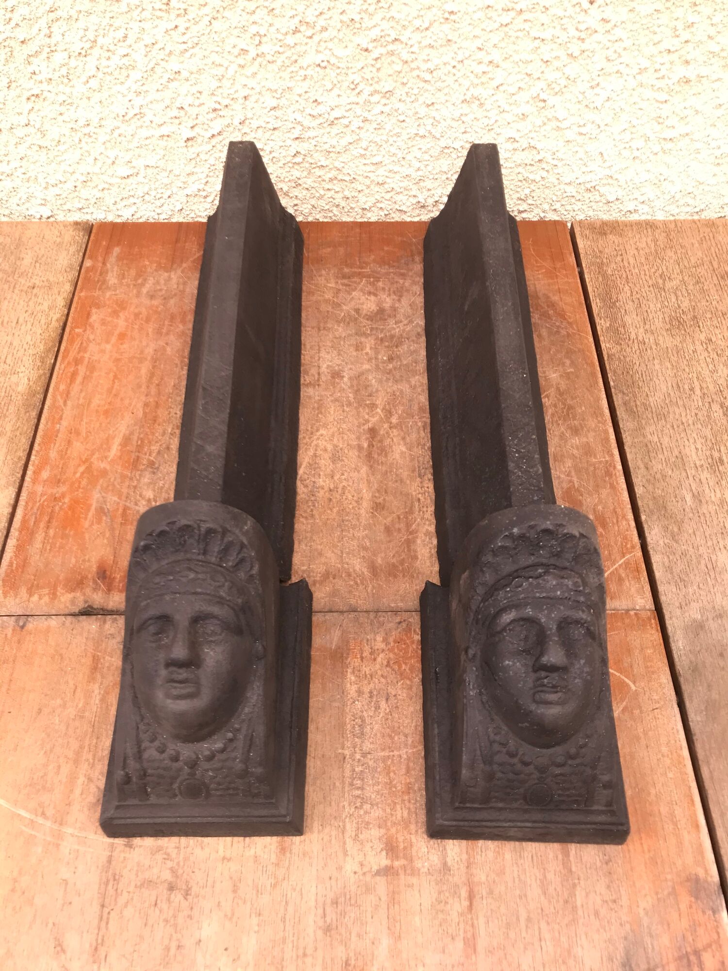 Former pair de chenet head woman black metal great vintage chimney