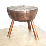 Large brutalist solid wood round tripod side table