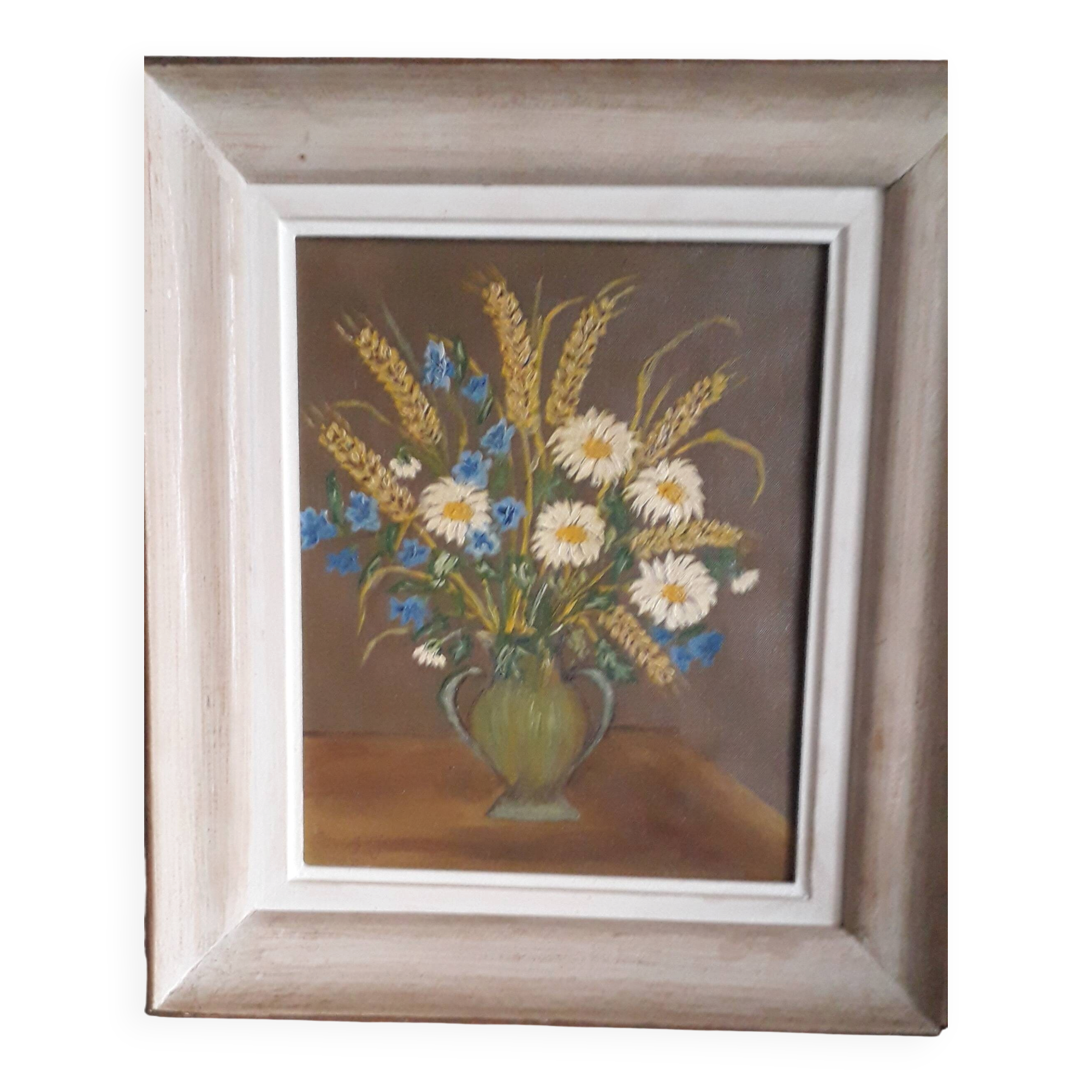 An old painting in oil on canvas depicting a bouquet of flowers.