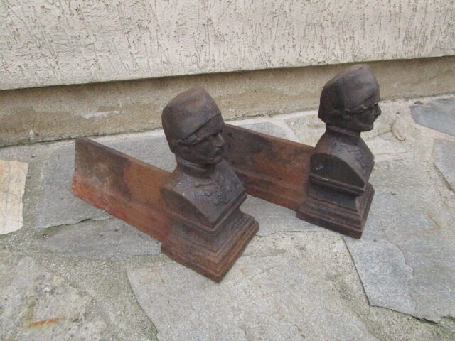 Pair of andirons old cast-iron, bust of czar