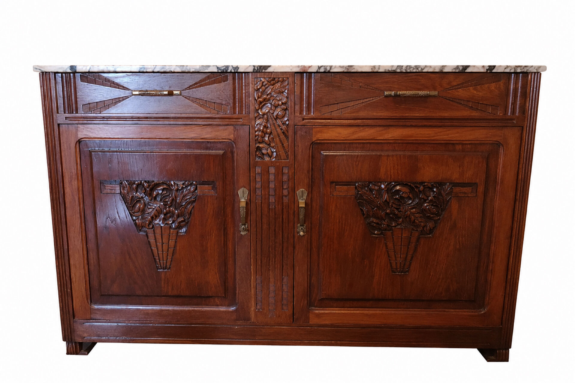Art Deco buffet in carved oak and original marble, 1930s.