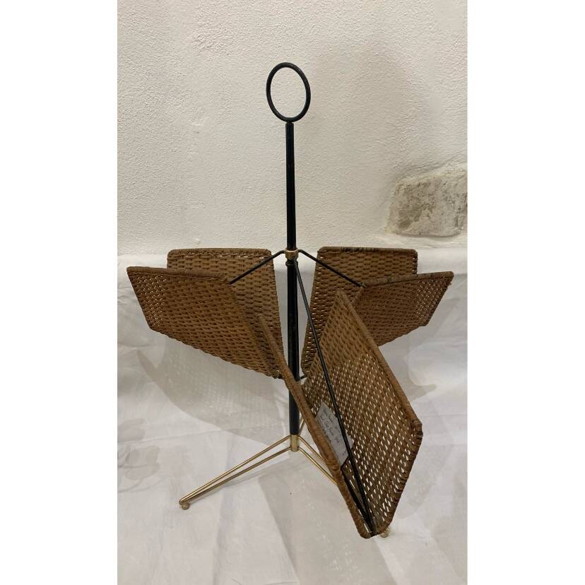 Wicker, iron, and brass magazine rack