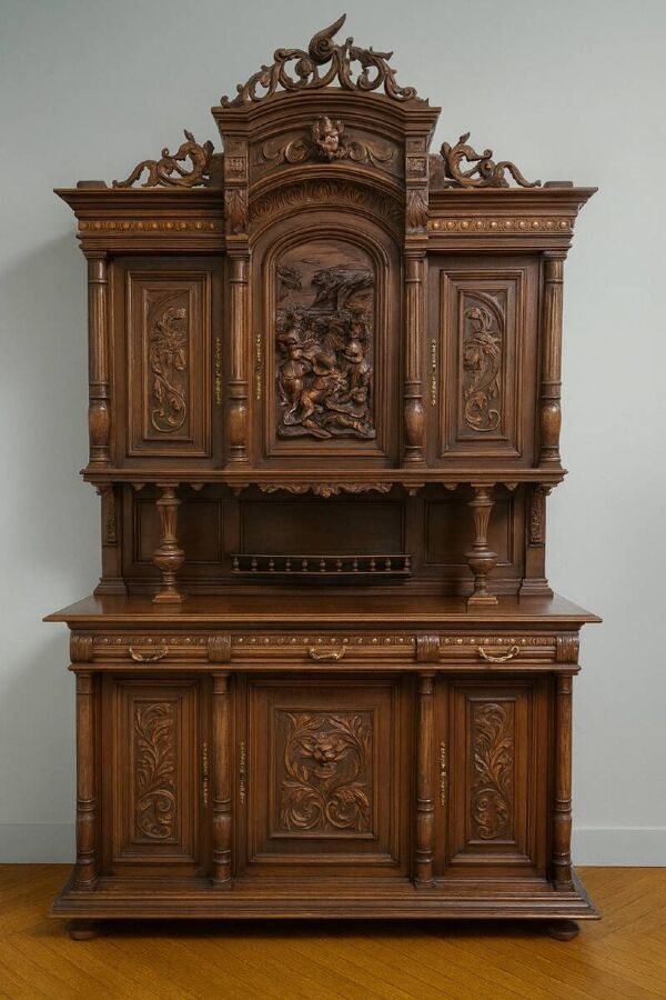 Important buffet deux-corps en noyer massif, richement sculpté dans le pur style Renaissance