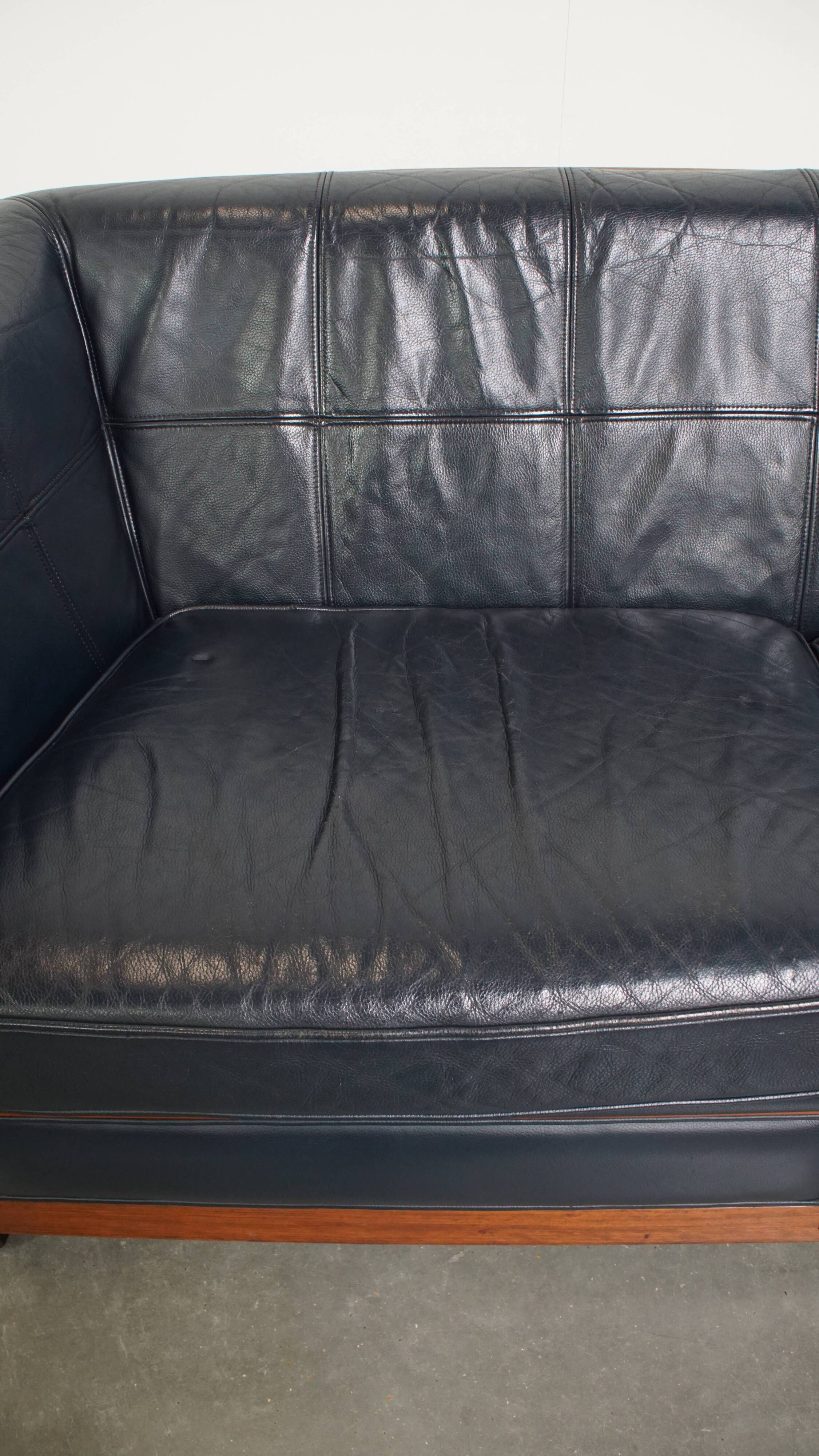 2.5-Seater Art Deco Sofa with Woodwork and Dark Blue Cowhide Leather