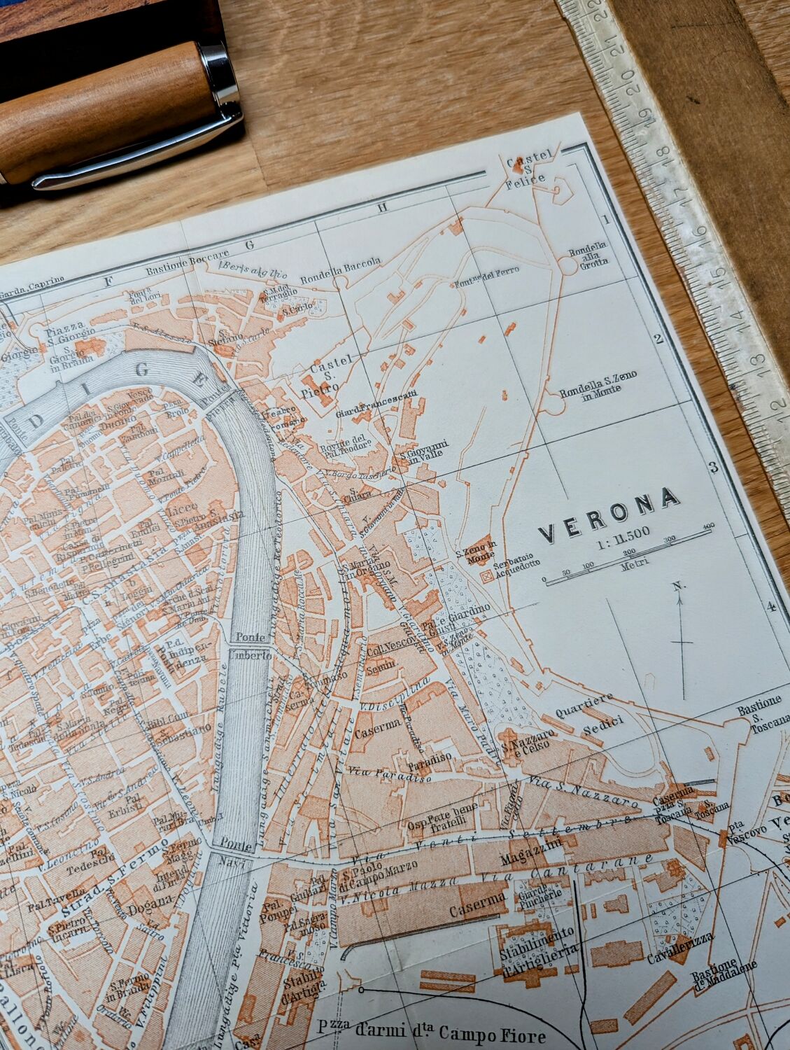 Printed in 1909, map of Verona (Verona), Veneto, Italy.