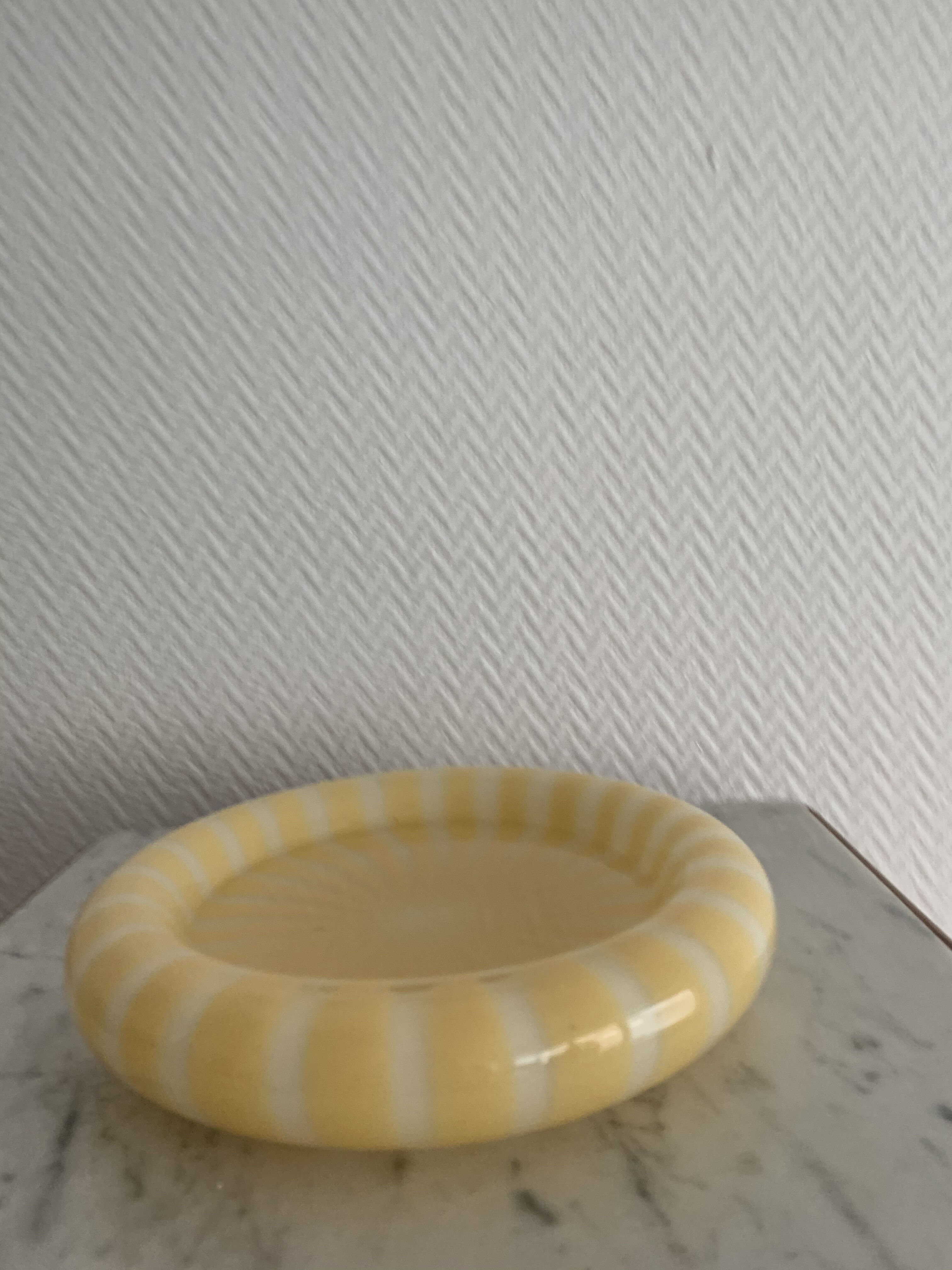 Vintage yellow-white striped round glass ashtray