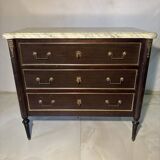Commode 3 tiroirs de style Louis XVI, marbre et bronzes dorés