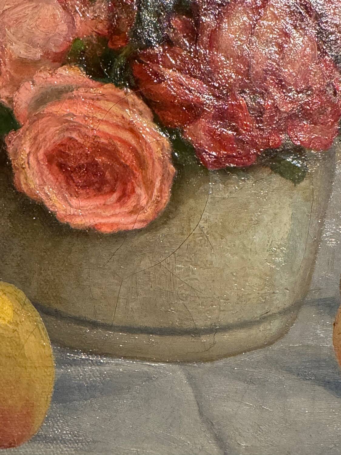 Old painting, Still life or roses and fruits, early 20th century
