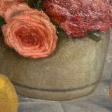 Tableau ancien, Nature morte ou roses et fruits début XX siècle