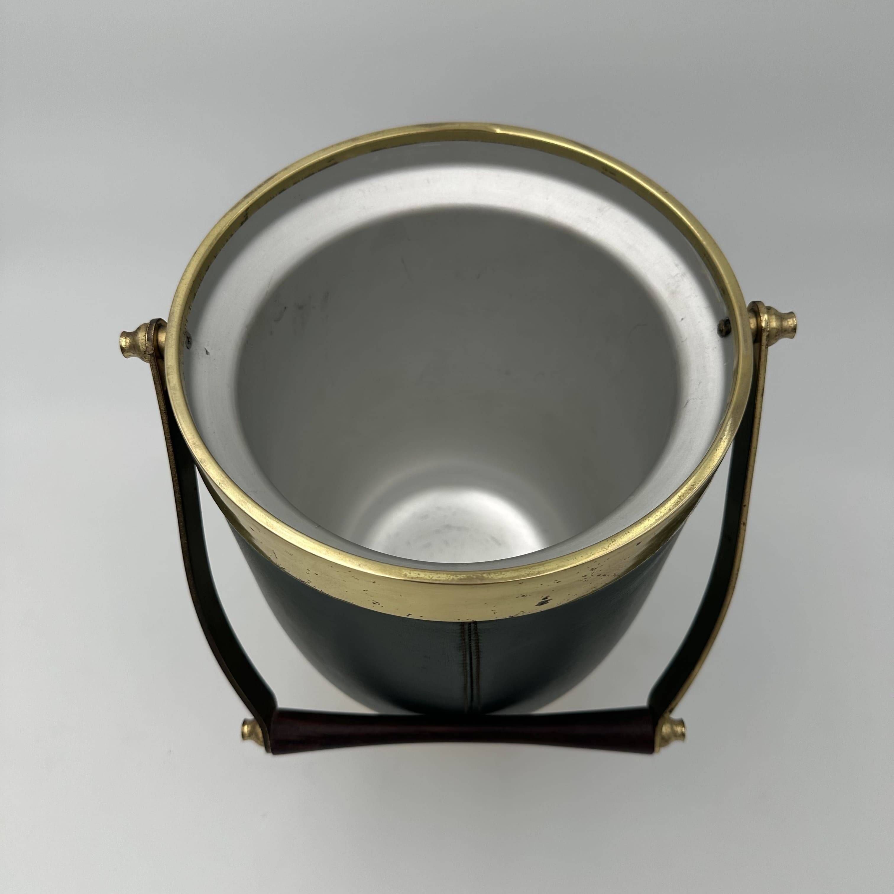 Green Leather and Brass Curved Handle Ice Bucket. Italian Work. V