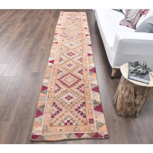 2'5x12'8 Vintage Orange Geometric Turkish Hand-Knotted Runner Rug 77x390