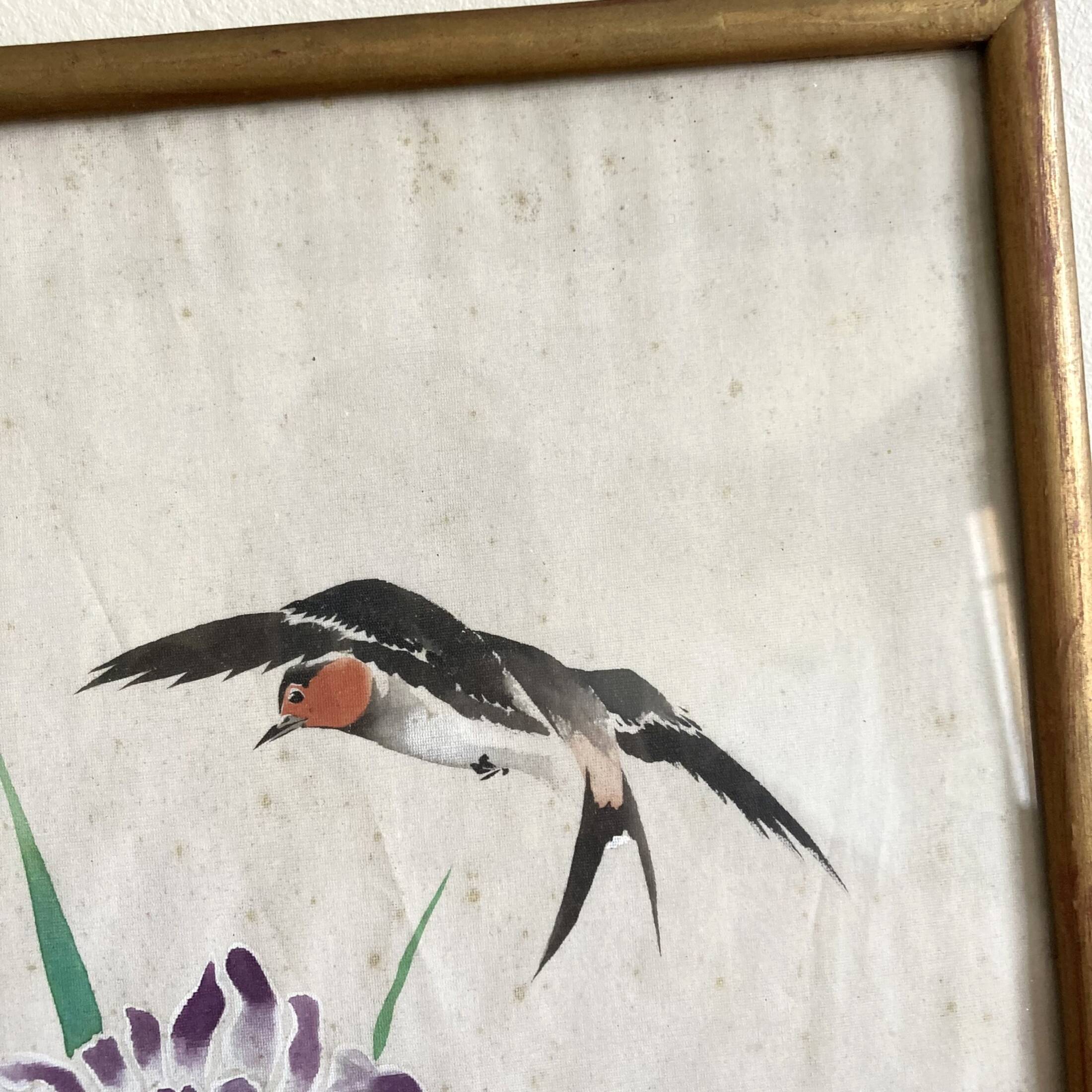 Small Japanese painting bird and iris Okada vintage old watercolor