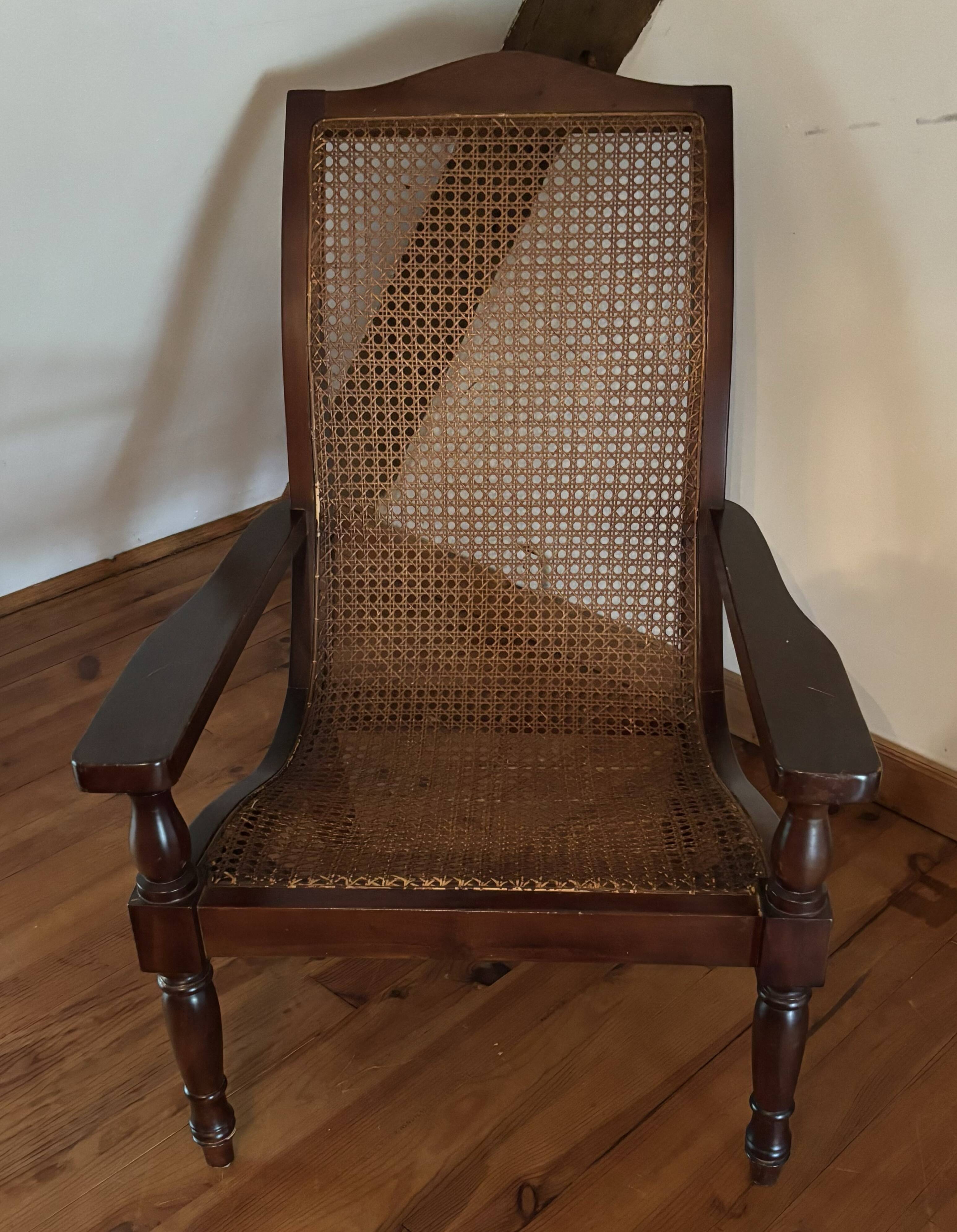 Fauteuil de planteur/colonial en bois foncé et cannage Reproduction 1990's