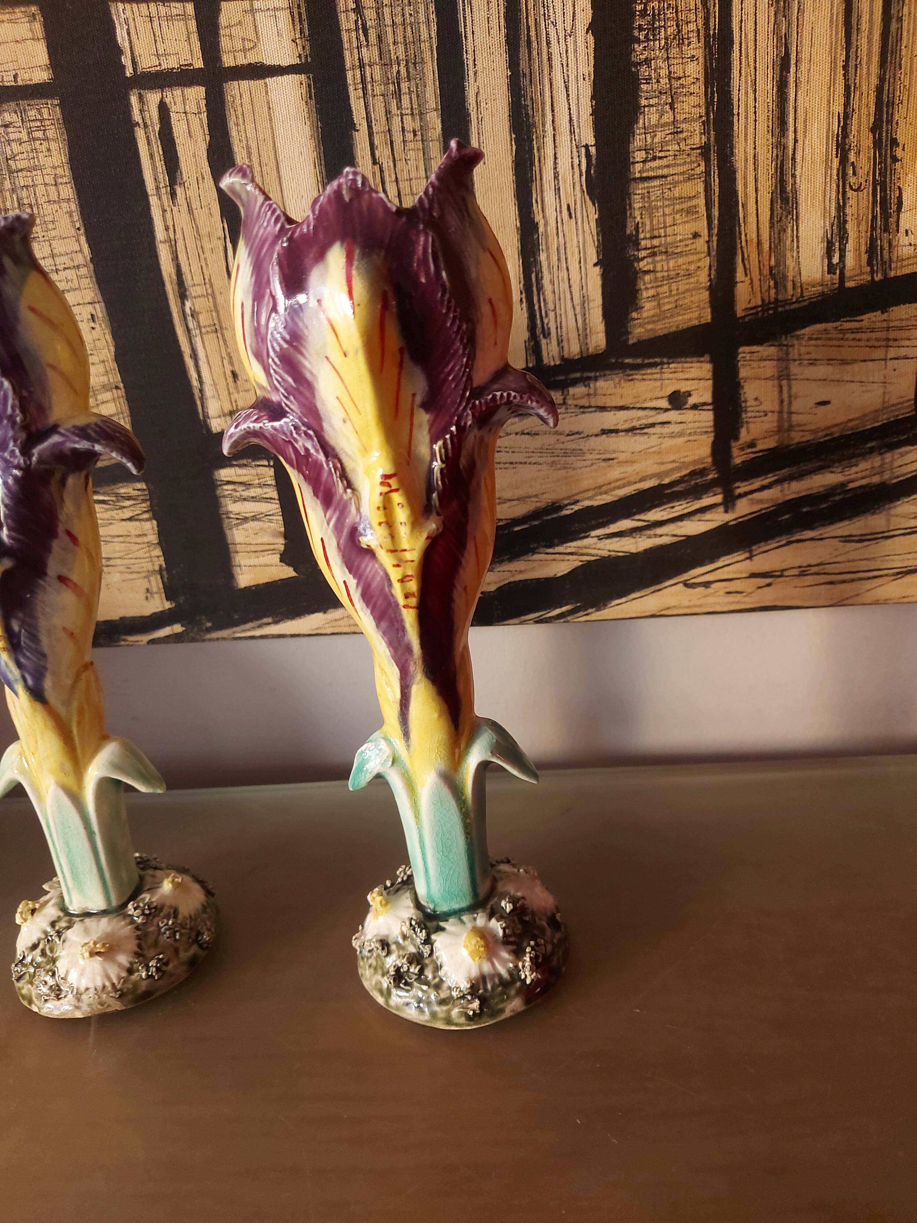 Pair of art nouveau slip vases, soliflore, iris
