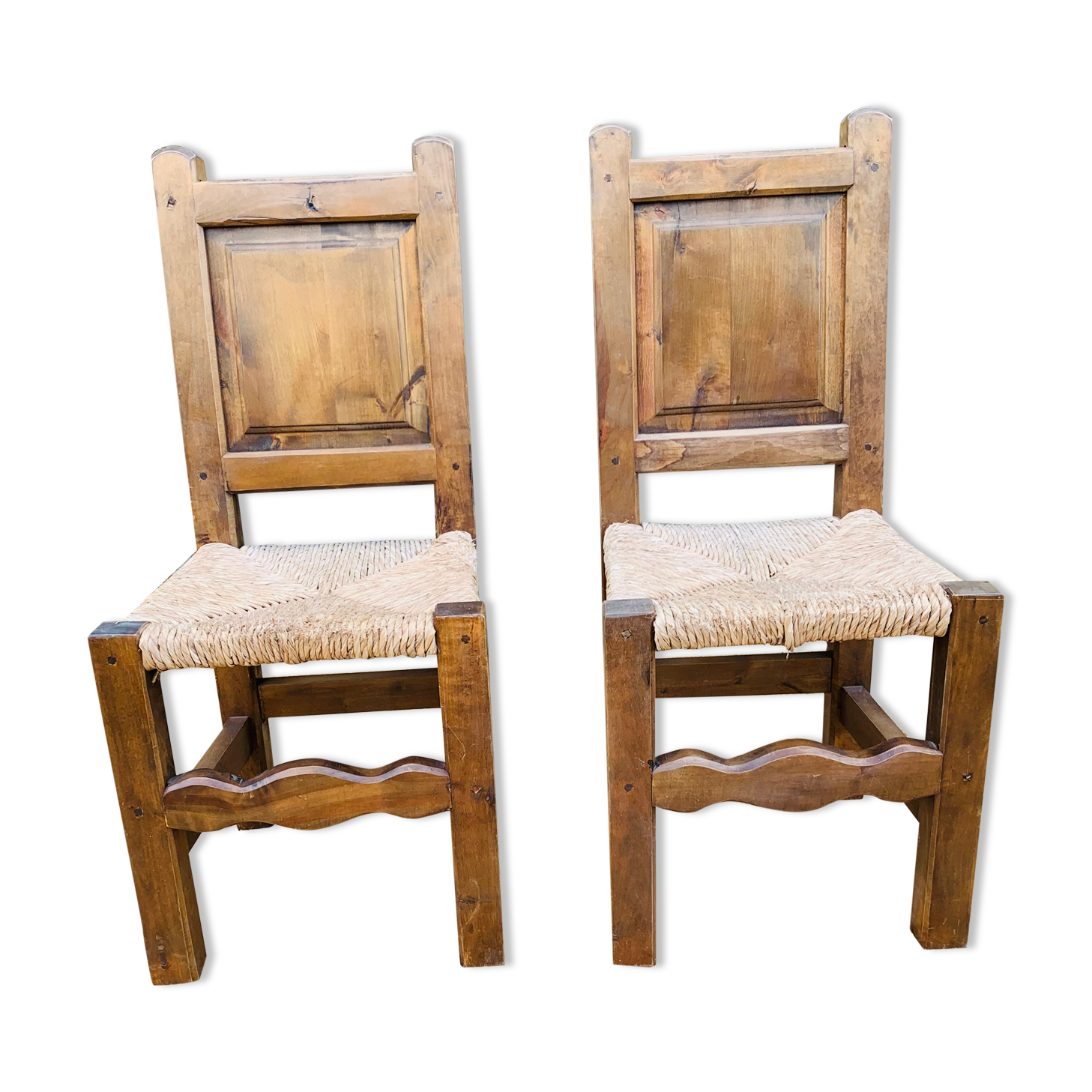 Pair of wooden and straw chairs