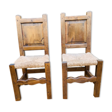 Pair of wooden and straw chairs