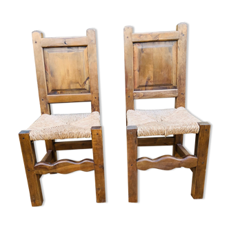 Pair of wooden and straw chairs