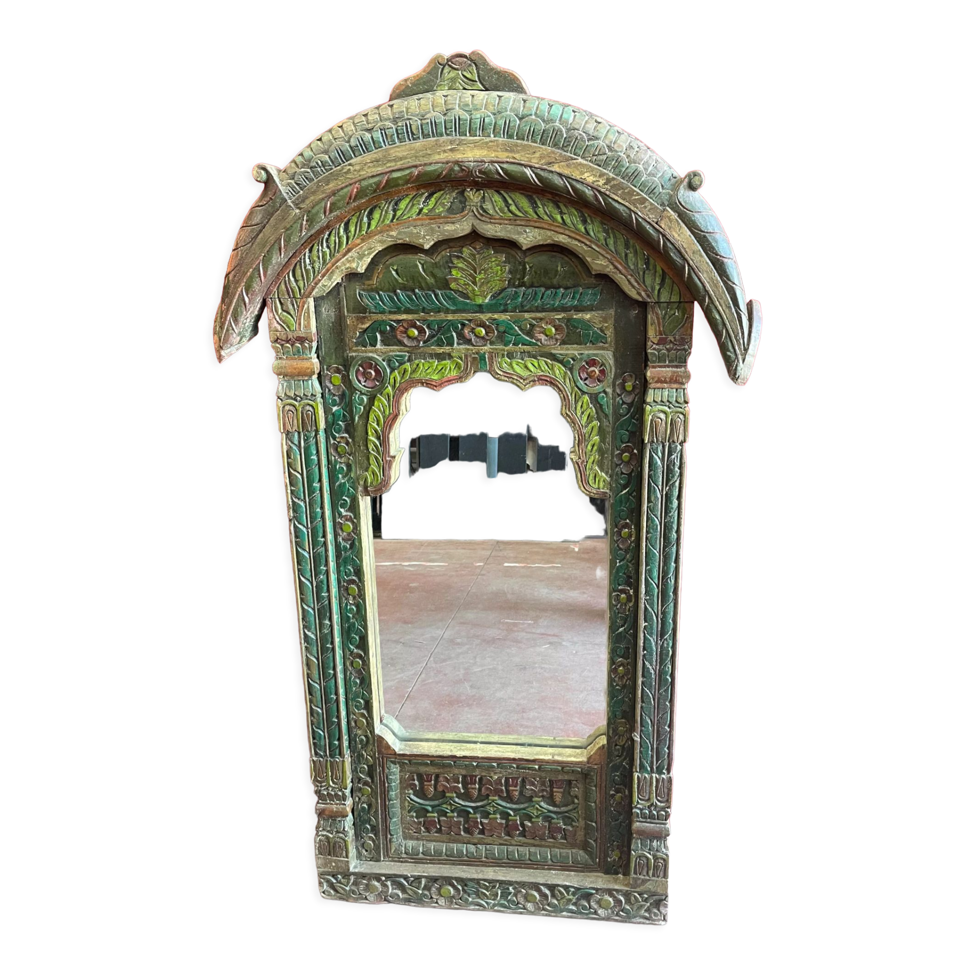 Polychrome teak mirror plant décor India Rajasthan late 1800 97x163cm
