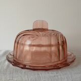 Old cheese or dessert bell and its pink art deco pressed glass tray