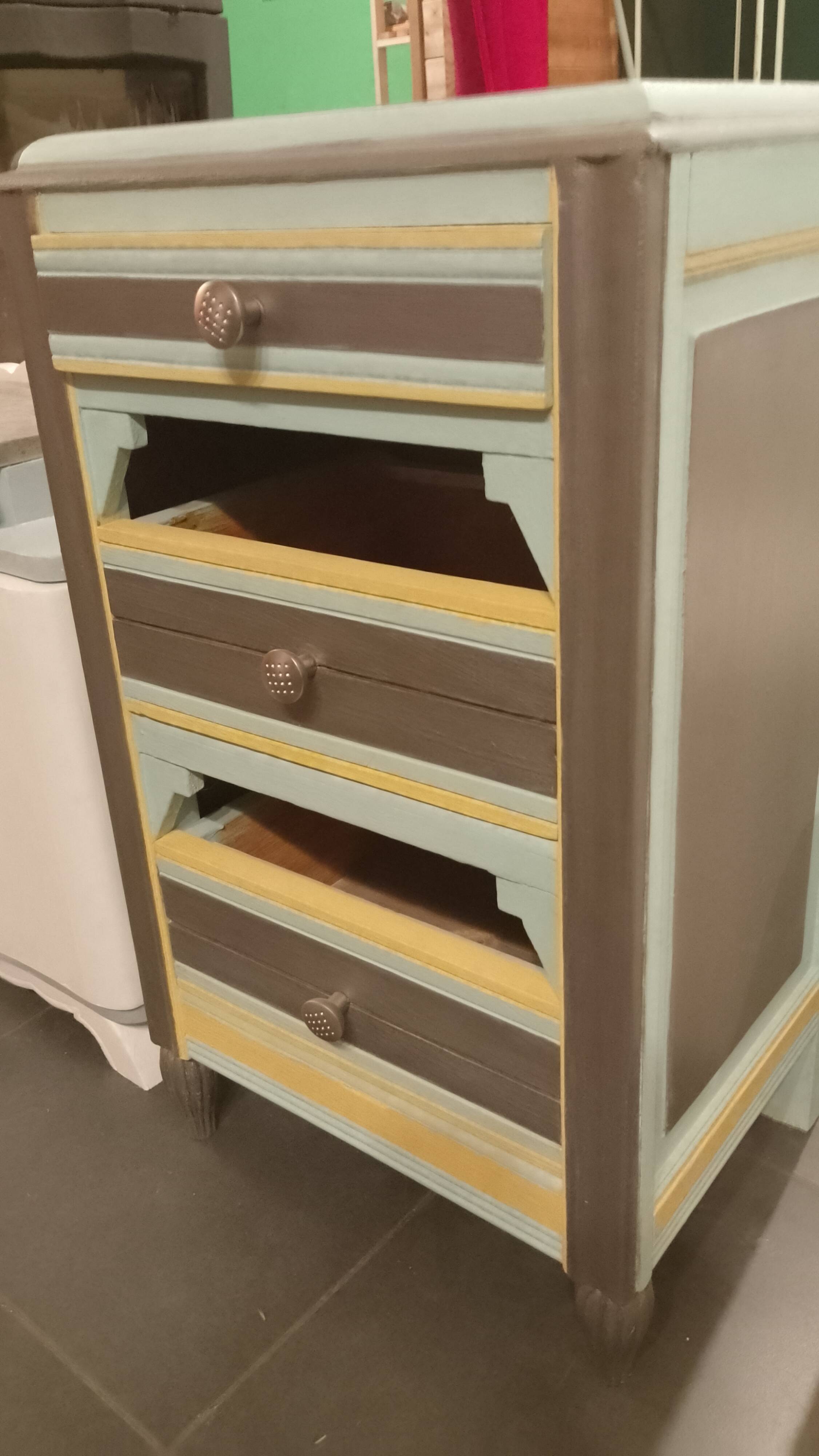 Meuble d appoint, commode 3 tiroirs, en bois, rénovée vintage