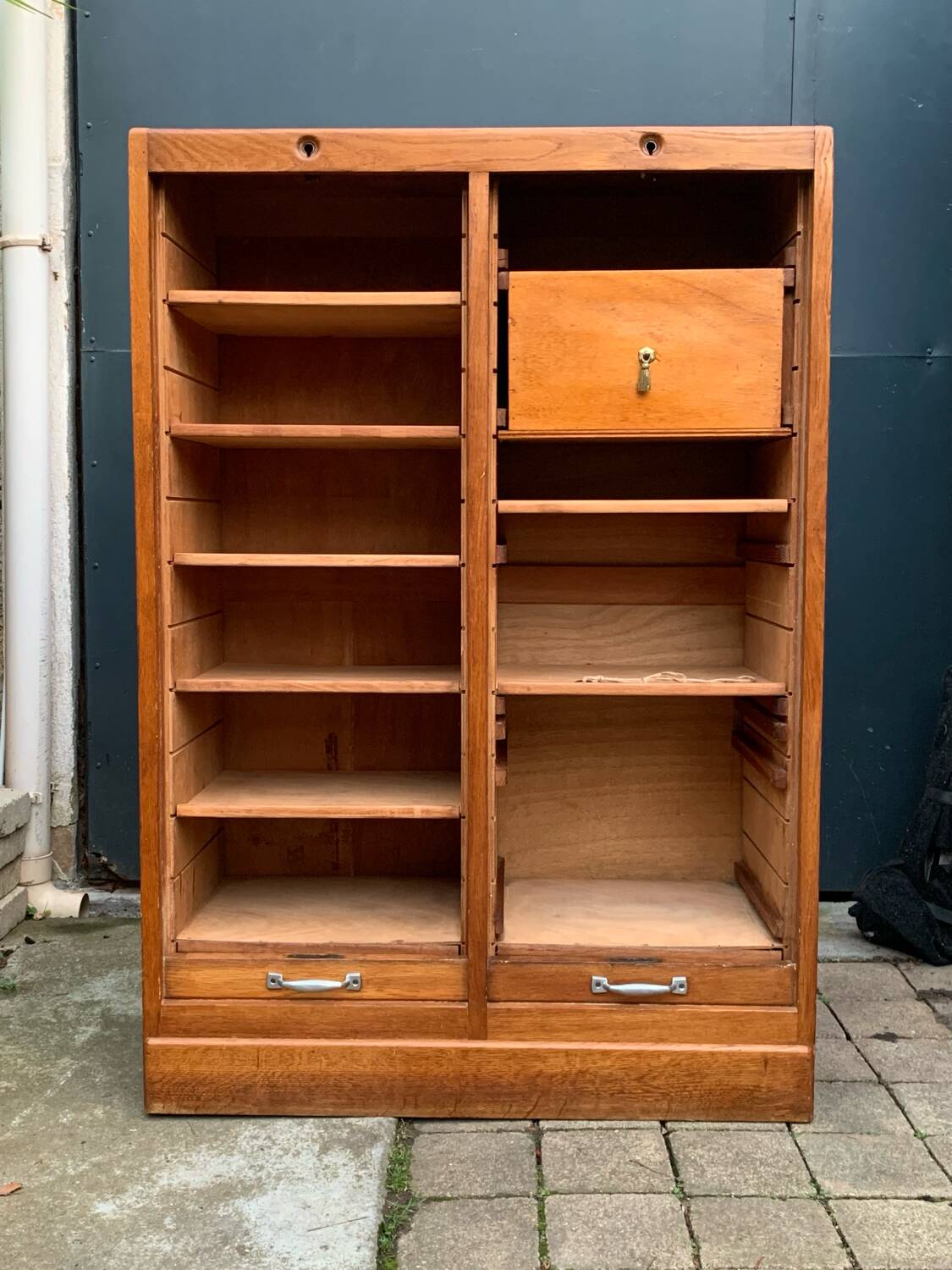 Antique oak tambour door filing cabinet, H120