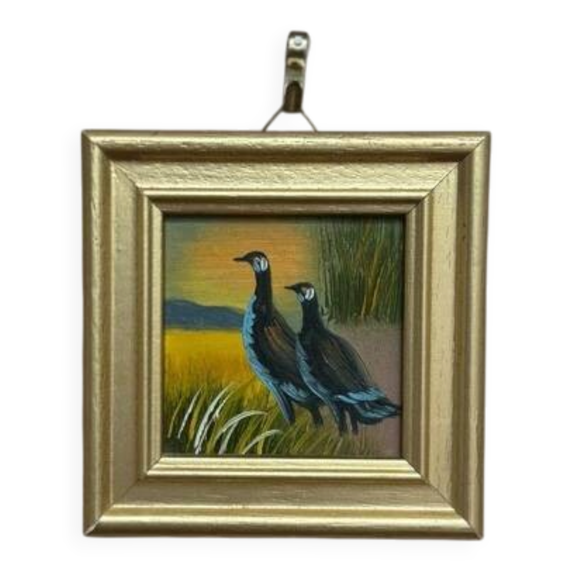 Mid-Century Oil on Panel – “Birds” by Unknown, Vintage & Framed