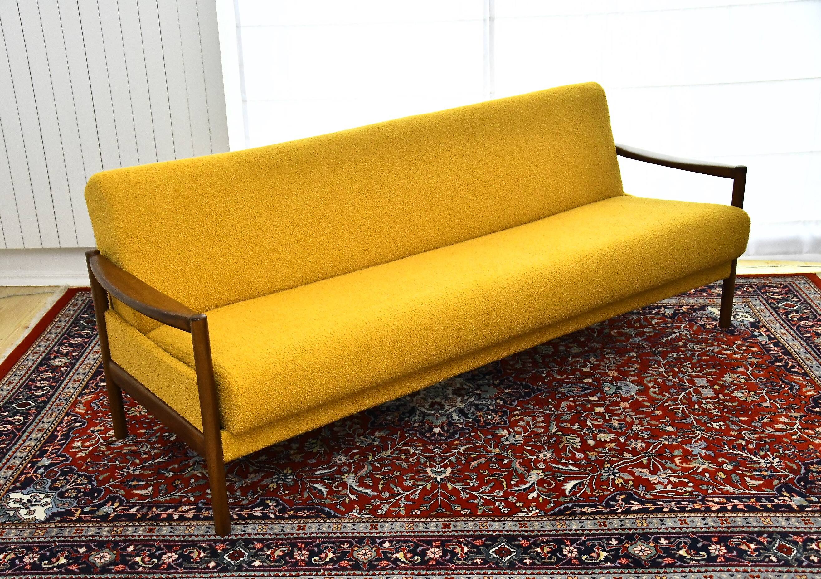 Scandinavian-style yellow boucle sofa with folding function, 1960s