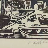 Lithograph print signed c. lediberder boat in port 68/250
