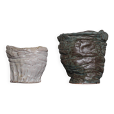 Pair of signed glazed stoneware vases, plant pot, cache-pot.
