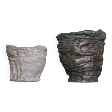 Paire de vases en grès émaillés signés, pot a plante, cache-pot