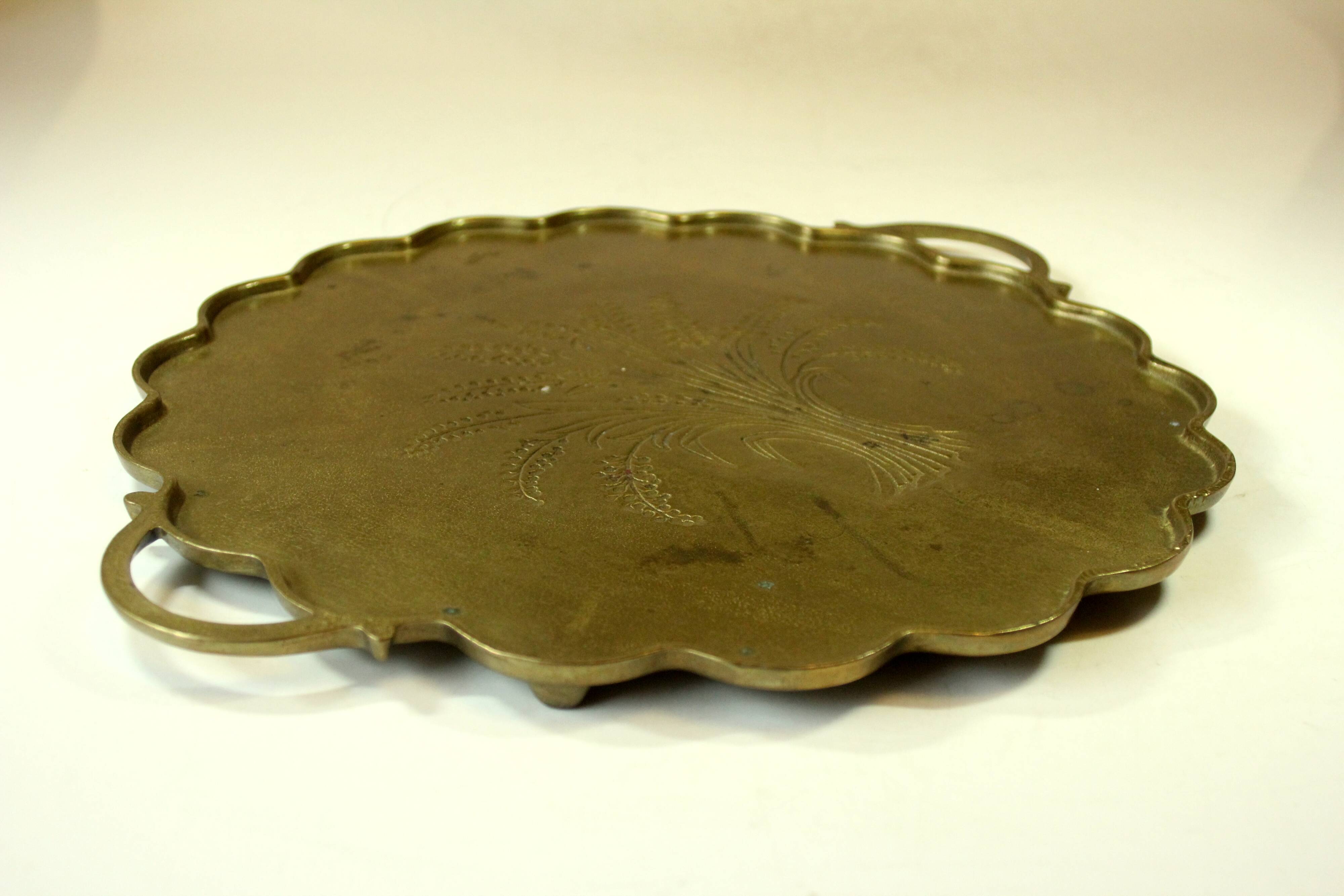 1950s handmade heavy brass serving tray, with handles and small feets, marked, vintage