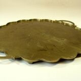 1950s handmade heavy brass serving tray, with handles and small feets, marked, vintage